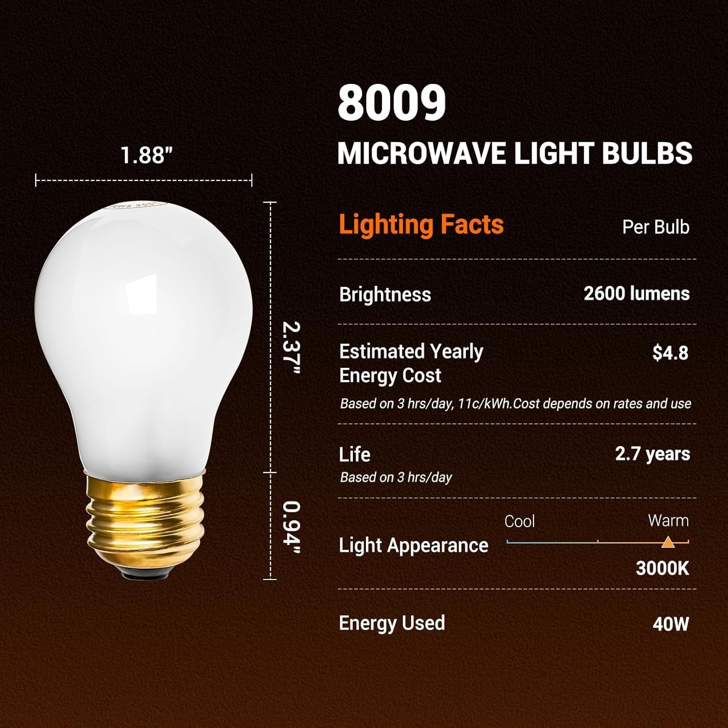 Belleone 8009 Light Bulbs for Refrigerator Oven - 120V 40W Replacement Incandescent Bulbs Fit for Whirlpool GE Kenmore Frigidaire Amana KitchenAid Freezer, Yellow Warm Light Color, 2 PCS - Image 2