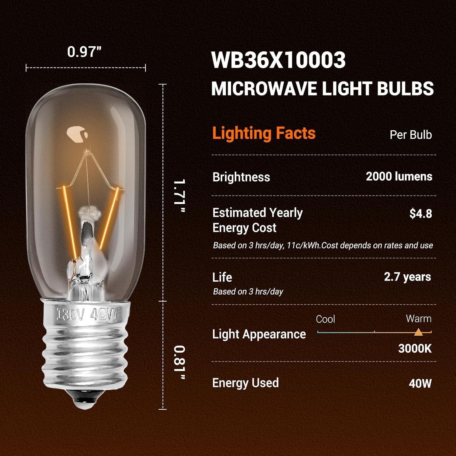 Belleone 2pcs Microwave Bulb WB36X10003-130V 40W Oven Light Bulb Compatible with GE LG Frigidaire Kenmore, Universal Type Stove Incandescent Warm White Light Lamp Replacement E17 Base Socket - Image 4
