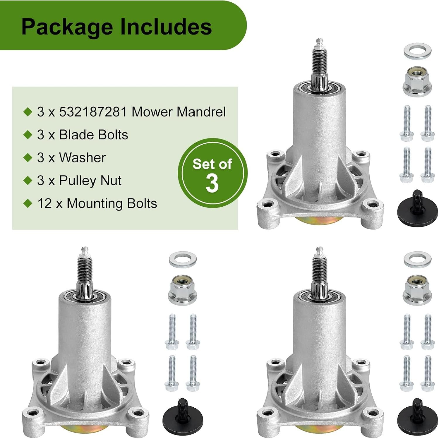 Belleone 187292 Spindle Assembly Fits for Craftsman HU Arians Poulan-Pro, 587819701 Mandrel Assembly for 42" 46" 48" 54 Deck Mower, Replace for 192870 532187281, 3 Pack - Image 6